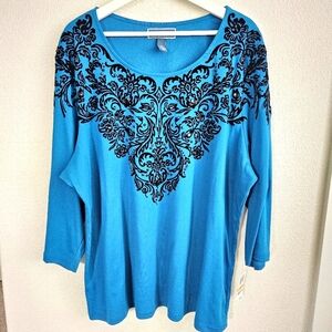 Karen Scott Blue/Black Embroidered/Embellishments Three-quarter Women's Size 3X
